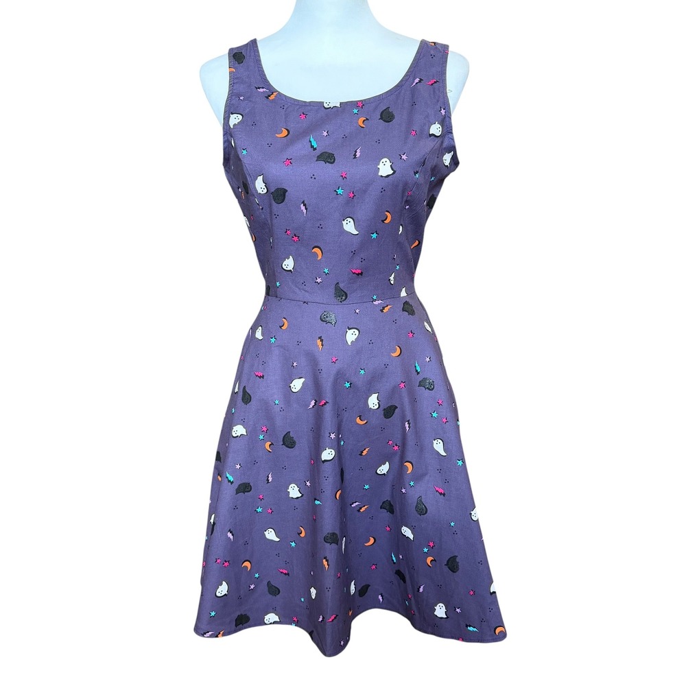 Retrolicious Halloween Mini Dress Size Small NWT Purple Fit & Flare Ghost Spooky - Picture 2 of 9